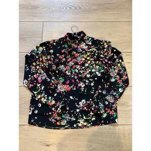 HM Womens Floral Mock Neck Blouse Black Multi Color Long Sleeve Top XS‎